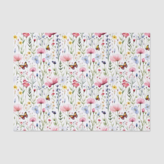Pink Yellow Wildflowers Butterfly Birthday  Tissue Paper (Front)