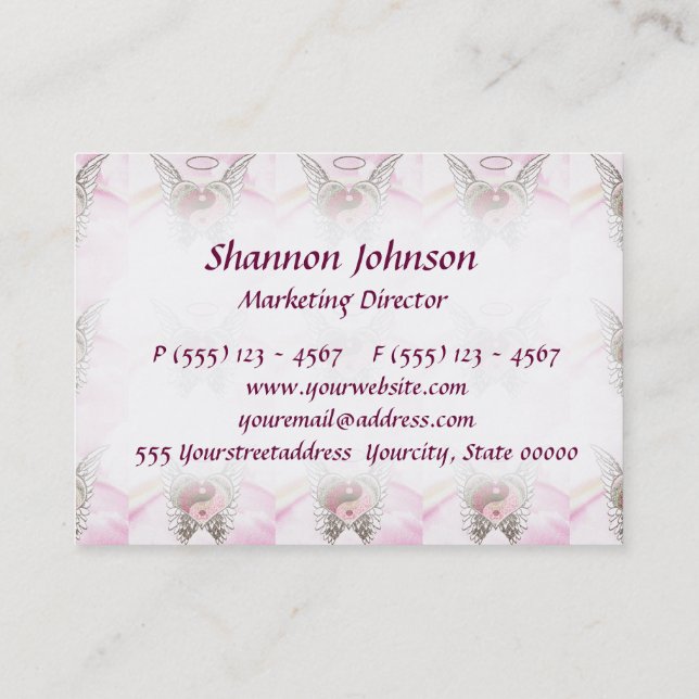 Pink Yin Yang Heart Angel Wings Watercolor Business Card (Back)