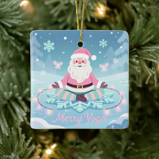 Pink Yoga Santa Meditation Christmas Ceramic Ornament (Tree)