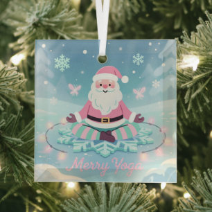 Pink Yoga Santa Meditation Christmas Glass Tree Decoration