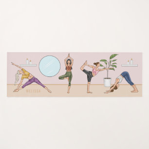 Pink Yoga Studio Women In Different Poses And Name Mat