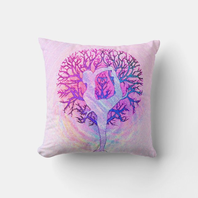 Pink Yoga Tree Woman in Pastel Colours Cushion (Front)