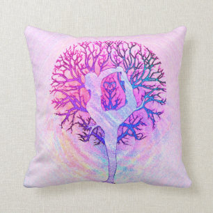 Pink Yoga Tree Woman in Pastel Colours Cushion