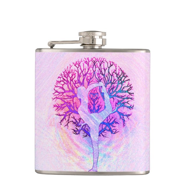 Pink Yoga Tree Woman in Pastel Colours Hip Flask (Front)
