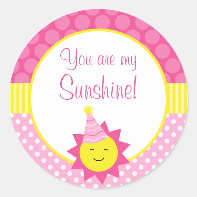 Pink You Are My Sunshine Polka Dot 1st Birthday Classic Round Sticker (Front)