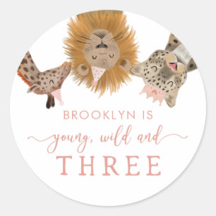 Pink Young Wild and Three Safari Birthday Party Classic Round Sticker