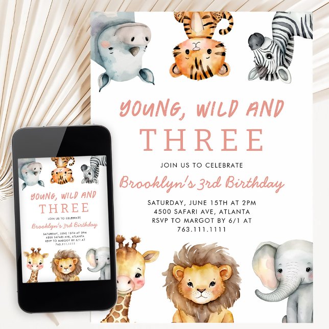Pink Young Wild and Three Safari Birthday Party Invitation (Creator Uploaded)