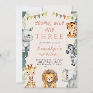 Pink Young Wild and Three Safari Birthday Party Invitation