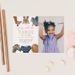 Pink Young Wild and Three Safari Birthday Photo Invitation<br><div class="desc">Cute and fun girl's safari animals theme 3rd birthday party invitation featuring illustration of safari animals of giraffe,  snow leopard,  rhino,  lion,  elephant,  and zeebra. The text says "young,  wild and three." Perfect for a girl's birthday party. You can add your child's picture on this card.</div>