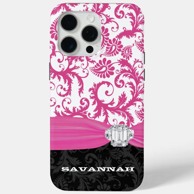 Pink Your Name or Quote Faux Rhinestone Damask Case-Mate iPhone Case (Back)