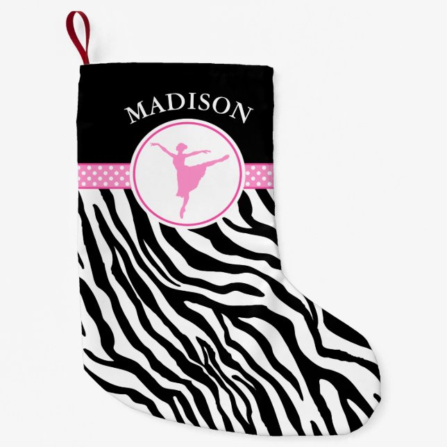 Pink Your Name Zebra Print Ballet Dancer Small Christmas Stocking (Front)