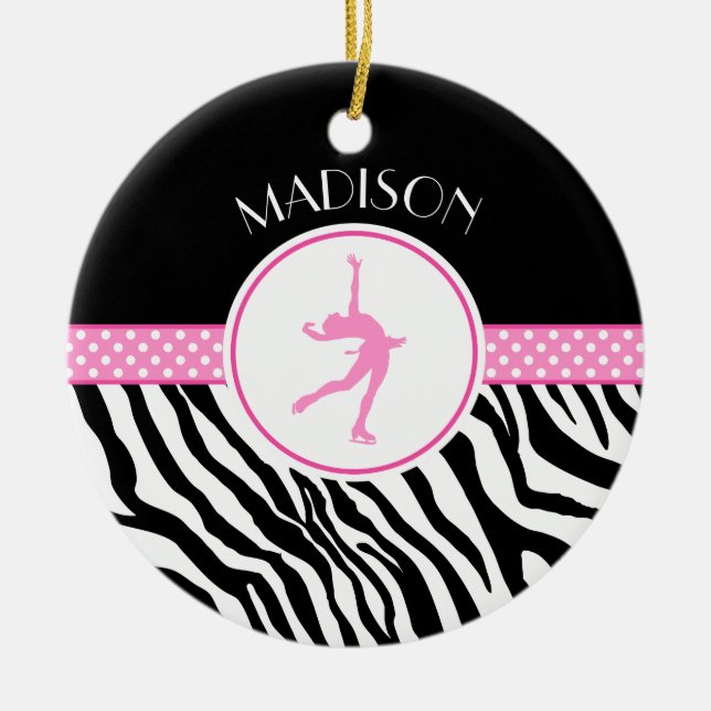 Pink Your Name Zebra Print Figure Skating Ceramic Tree Decoration (Front)