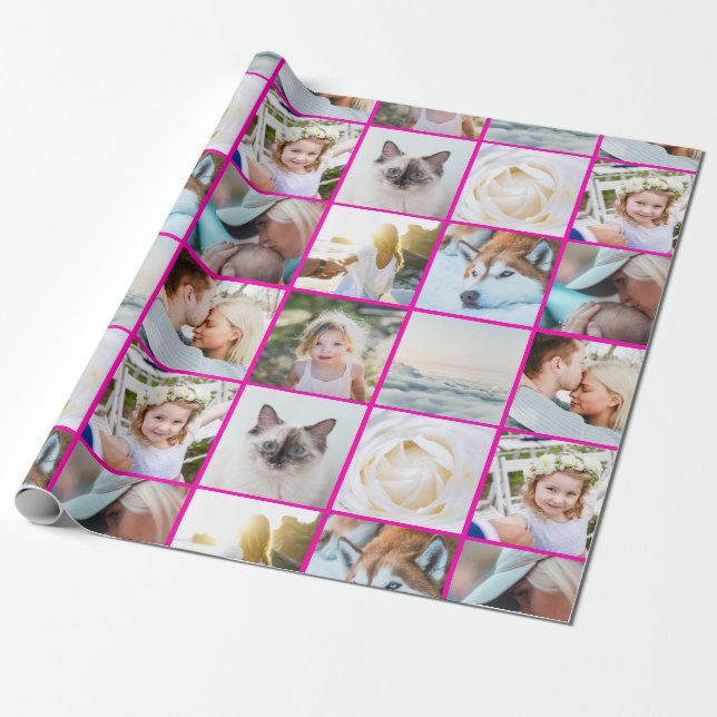 Pink Your Photo Custom Grid Collage Wrapping Paper (Unrolled)