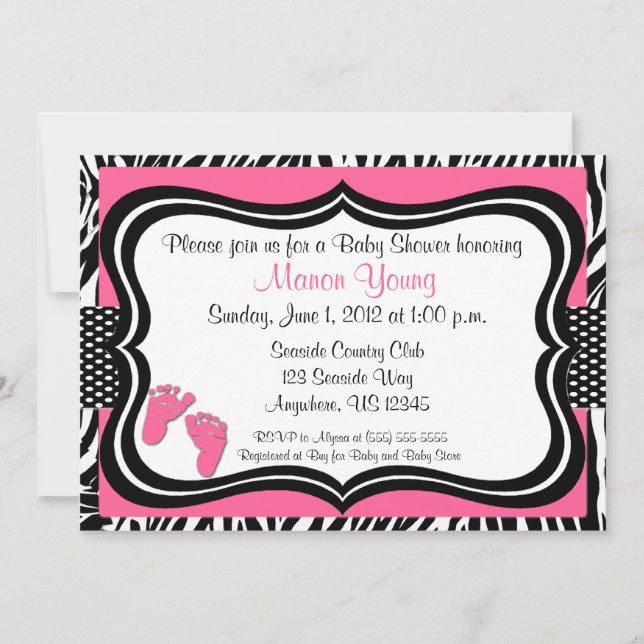Pink Zebra Baby Feet Print Baby Shower Invitation (Front)