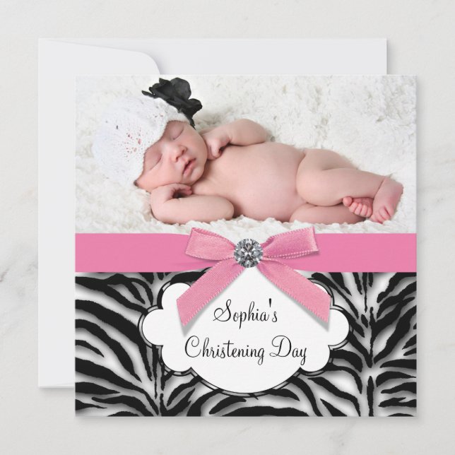 Pink Zebra Baby Girl Photo Christening Invitation (Front)