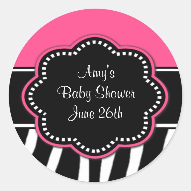 Pink Zebra Baby Shower or Birthday Stickers (Front)