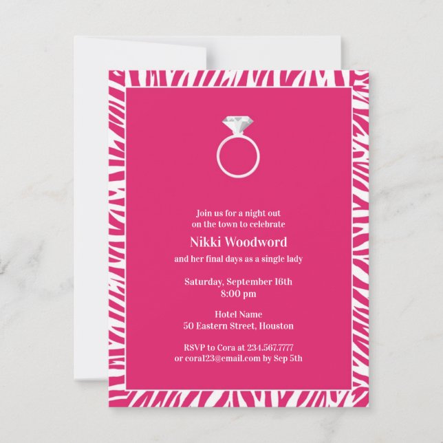 Pink Zebra Bachelorette Party Flat Invitation (Front)