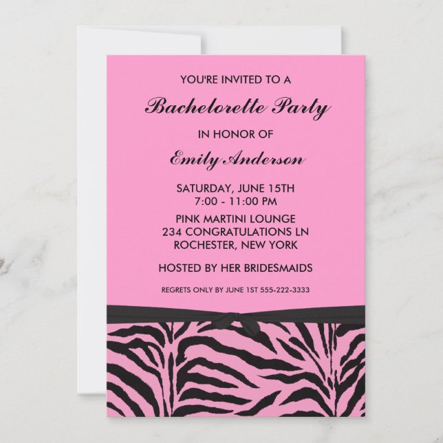 Pink Zebra Bachelorette Party Invitations (Front)