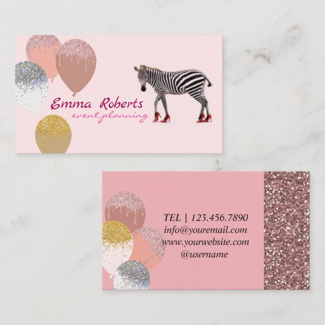 Pink Zebra Balloons Modern Event Planning  Business Card (Front/Back)