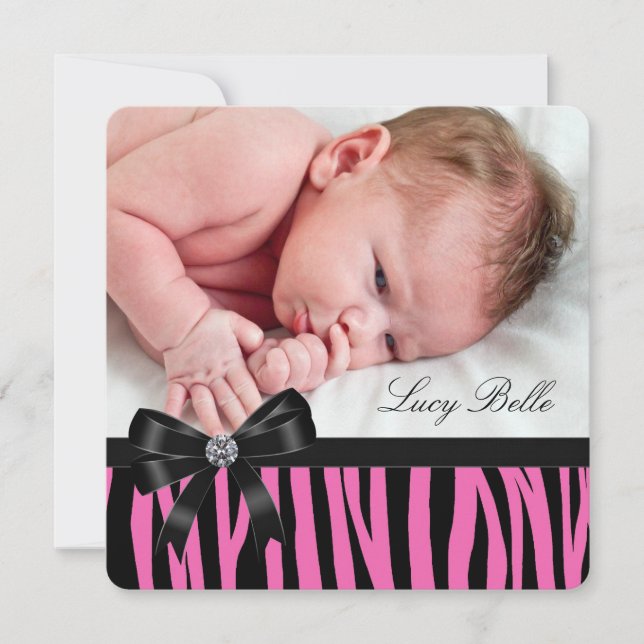 Pink Zebra Birth Announcements (Front)