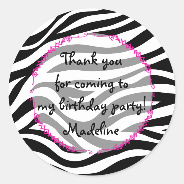 Pink Zebra Birthday Party Favour Classic Round Sticker (Front)