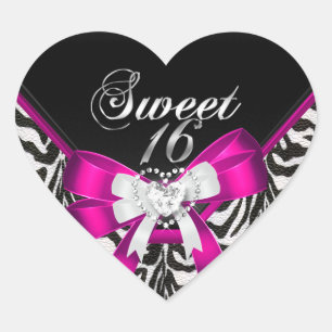 Pink Zebra Black Sweet Sixteen 16 Birthday Party Heart Sticker