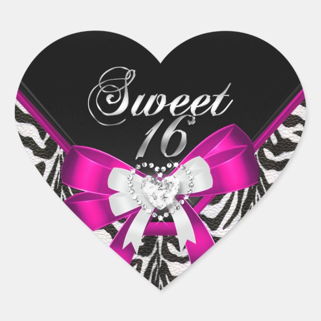 Pink Zebra Black Sweet Sixteen 16 Birthday Party Heart Sticker (Front)