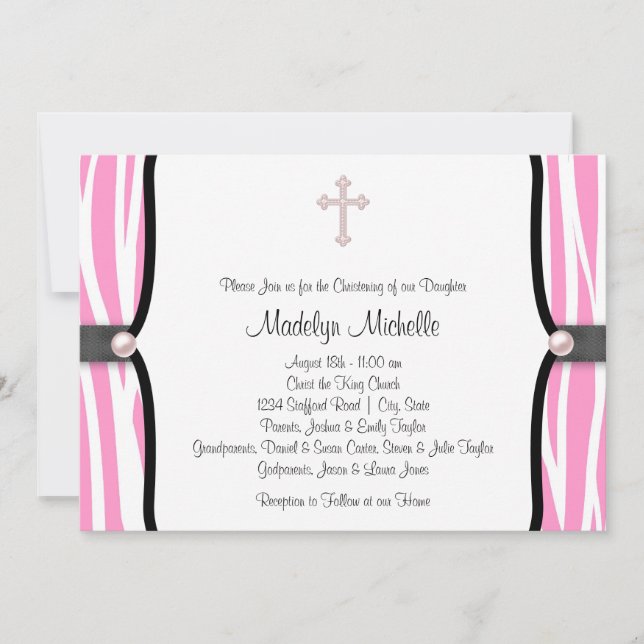 Pink Zebra Christening Invitation (Front)