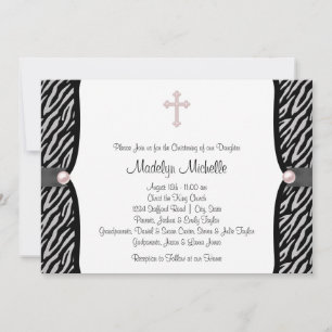 Pink Zebra Christening Invitation