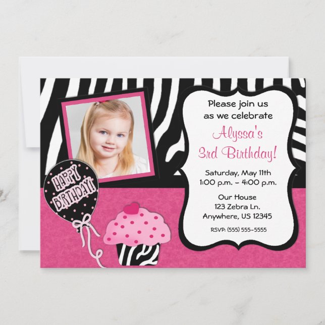 Pink Zebra Cupcake Girls Birthday Invitation (Front)
