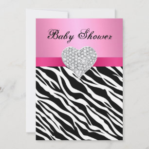 Pink Zebra Diamond Heart Baby Shower Invitation