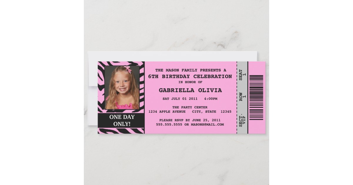 Pink Zebra Event Ticket Birthday Party Invitation Zazzle