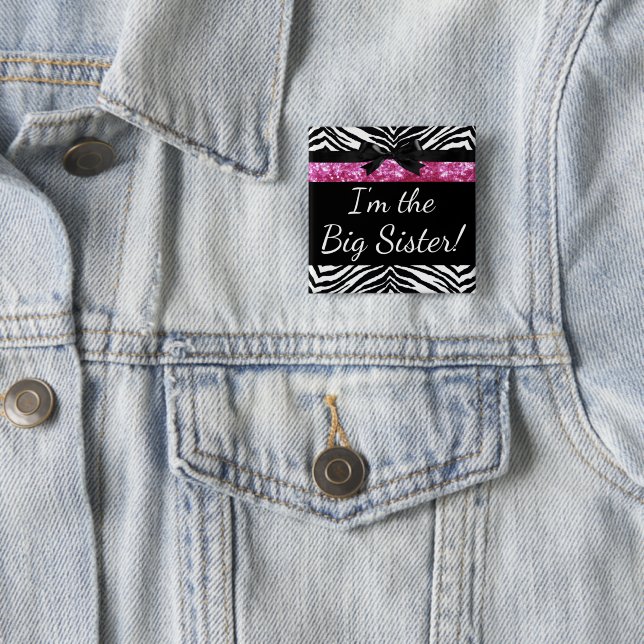 Pink Zebra Girl New Baby Shower Big Sister Name 15 Cm Square Badge (In Situ)