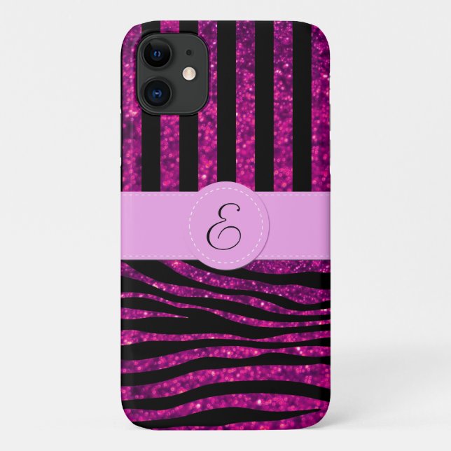 Pink Zebra, Glitter Zebra, Pink Stripes, Monogram Case-Mate iPhone Case (Back)