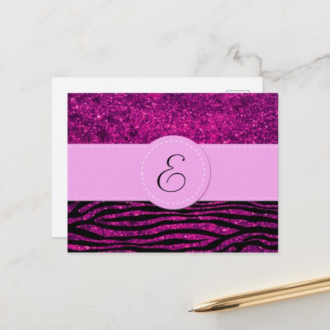 Pink Zebra, Glitter Zebra, Zebra Print, Monogram Postcard (Front/Back In Situ)
