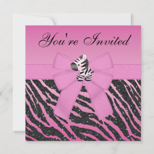 Pink Zebra, Heart Jewels & Animal Print Glitter Invitation
