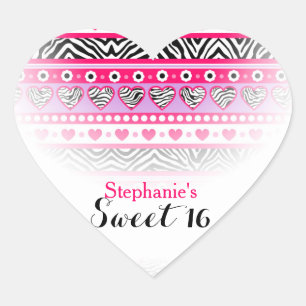 Pink zebra heart Sweet 16 Party sticker