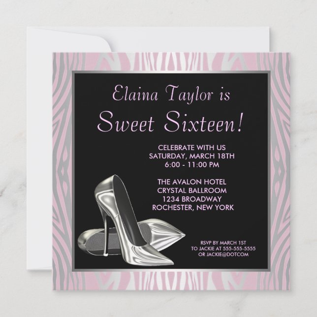 Pink Zebra High Heels Sweet 16 Party Invitation (Front)