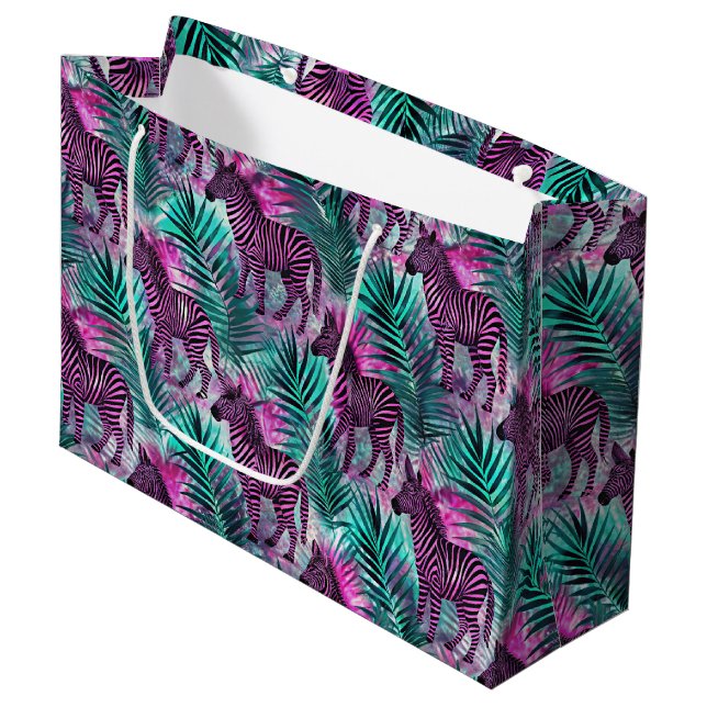 Pink Zebra Jungle Tropical Pattern Large Gift Bag (Front Angled)