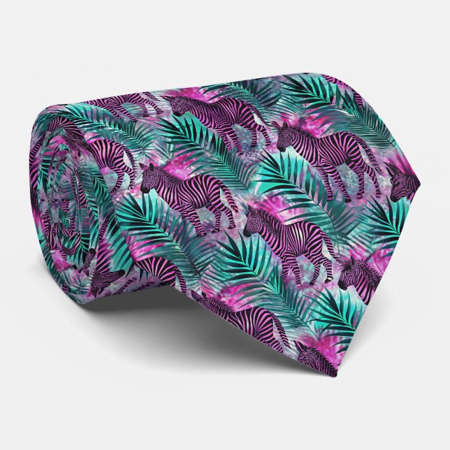 Pink Zebra Jungle Tropical Pattern Tie (Rolled)