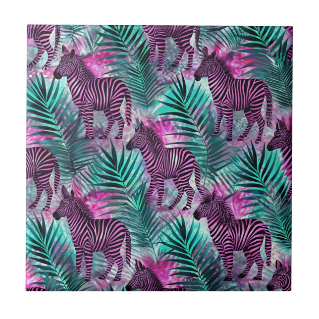 Pink Zebra Jungle Tropical Pattern Tile (Front)