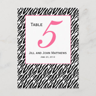 Pink Zebra Pattern Wedding Table Number Card