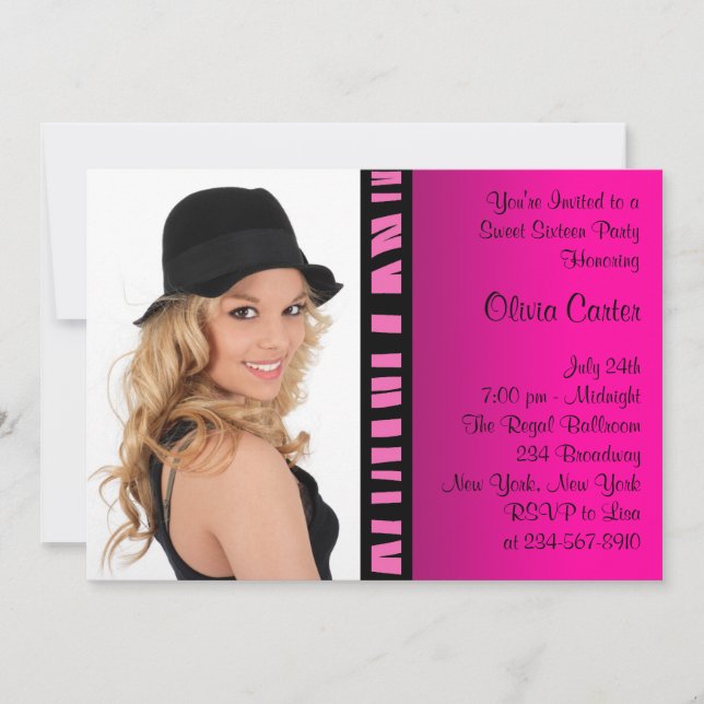 Pink Zebra Photo Sweet Sixteen Birthday Party Invitation (Front)