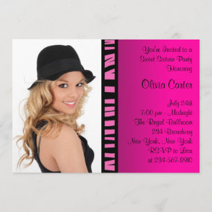 Pink Zebra Photo Sweet Sixteen Birthday Party Invitation