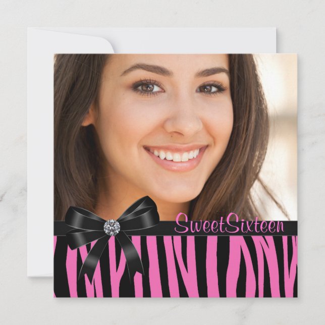 Pink Zebra Photo Sweet Sixteen Birthday Party Invitation (Front)