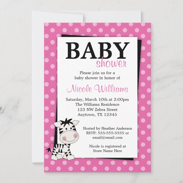 Pink Zebra Polka Dot Baby Shower Invitations (Front)