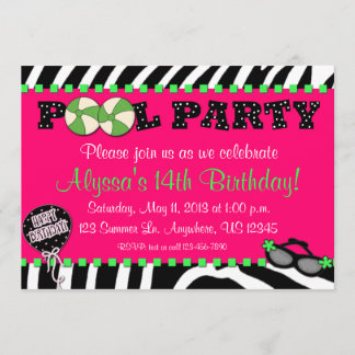 Pink Zebra Pool Party Birthday Invitation