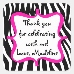 Pink Zebra Print Birthday Party Favour Square Sticker