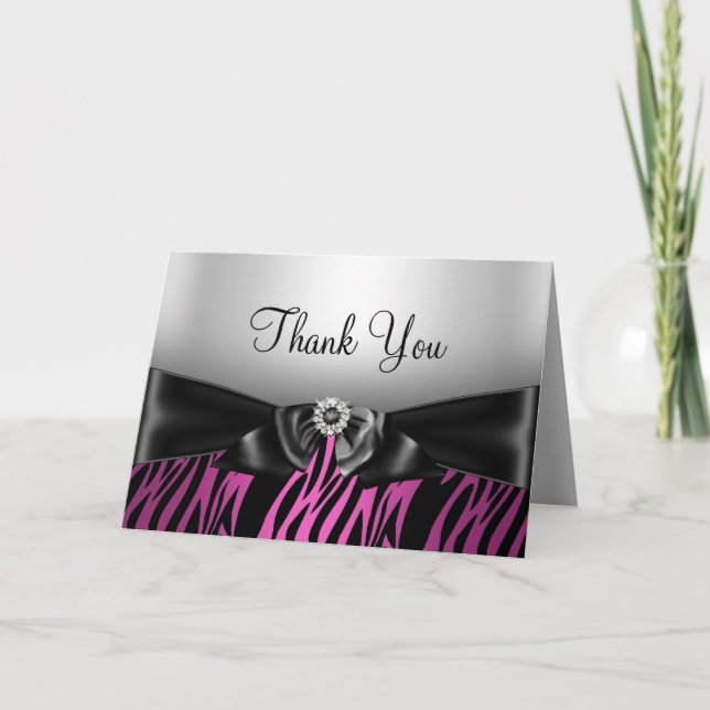 Pink Zebra Print & Bow Thank You Card (Front)