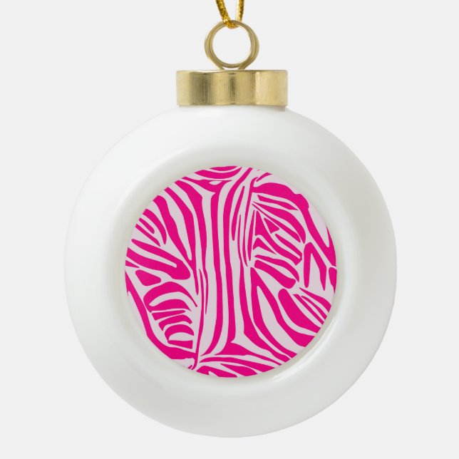Pink zebra print ceramic ball christmas ornament (Front)